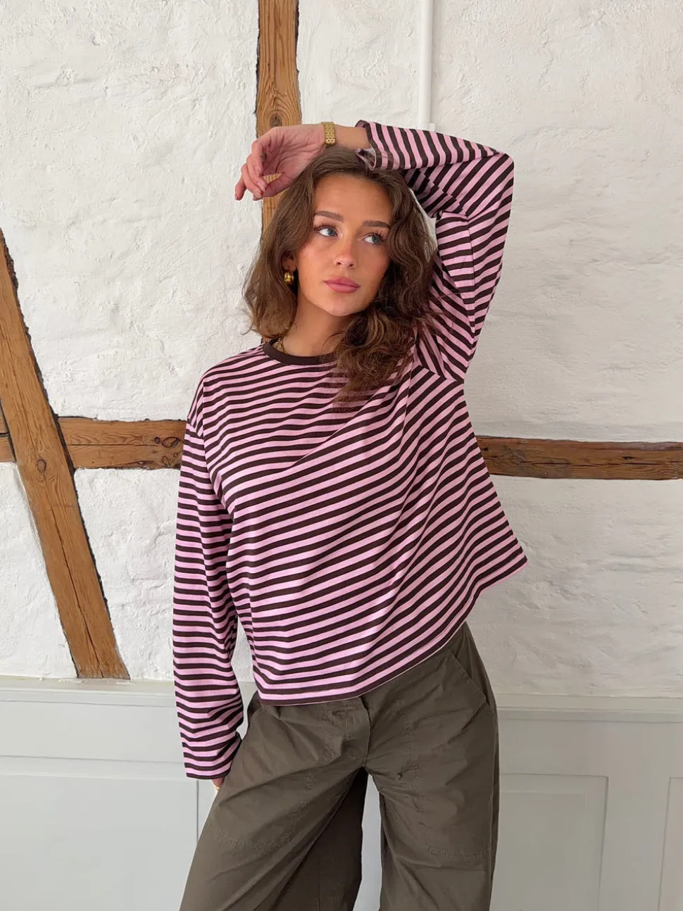 Main character energy bluse med striber - Pink/brun/gul