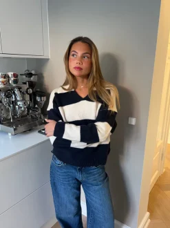 Margoth strikpolo med striber - Hvid/navy