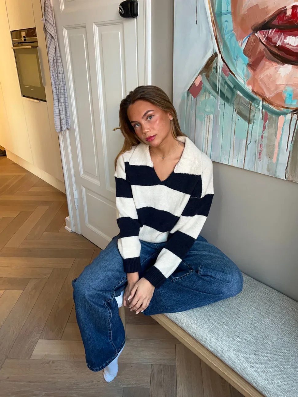 Margoth strikpolo med striber - Hvid/navy