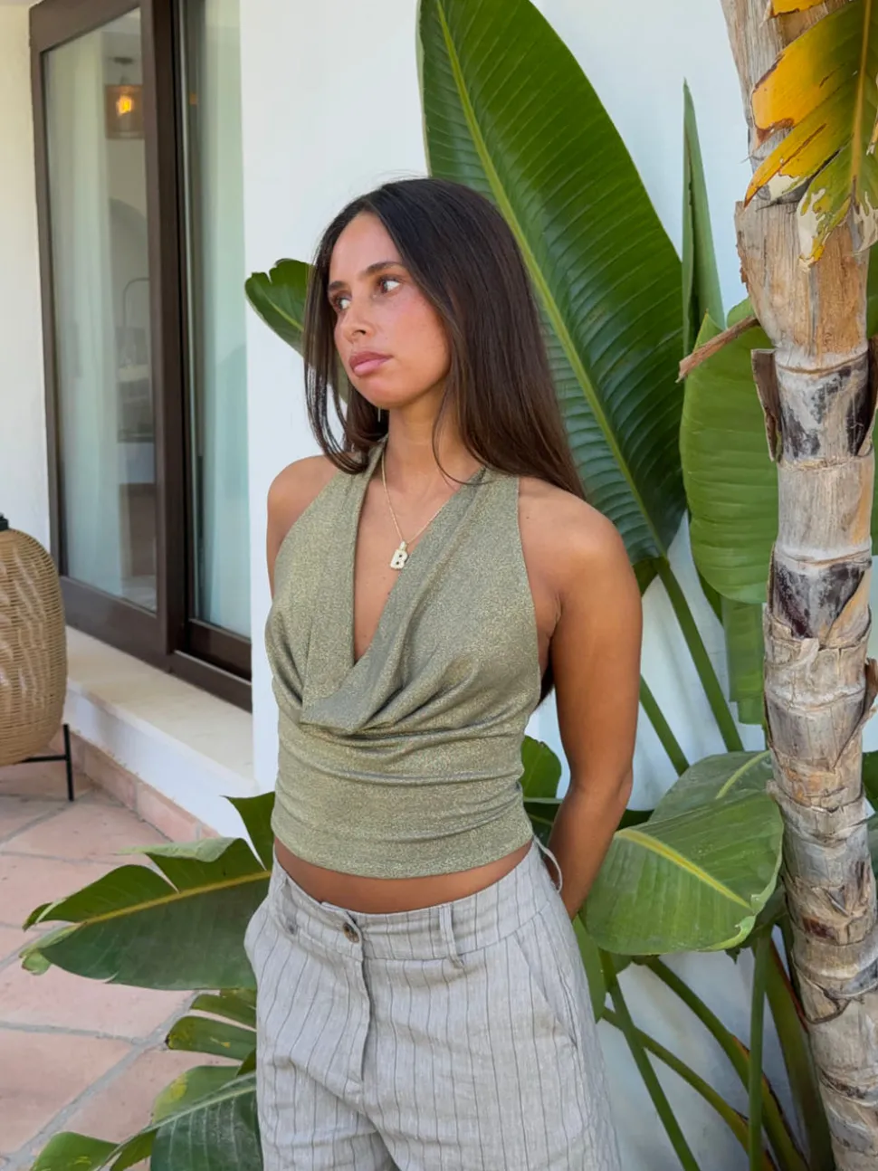 Martha halterneck top med glimmer - Kaki