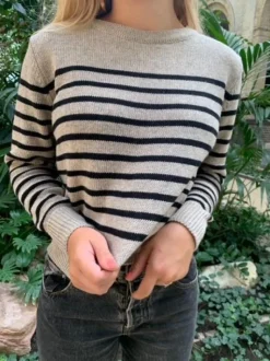 Matilde W striktrøje - Beige og sort
