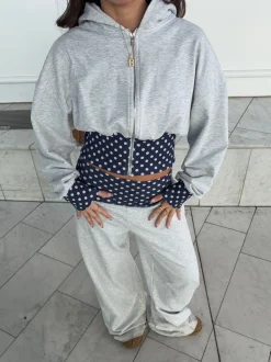 May hoodie med polkaprikker - Grå/navy/hvid