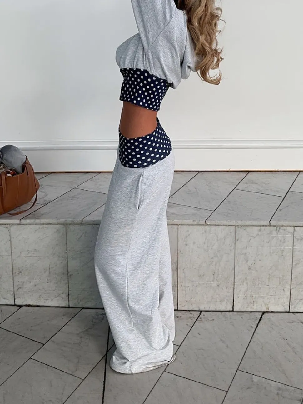 May sweatpants med polkaprikker - Grå/navy/hvid