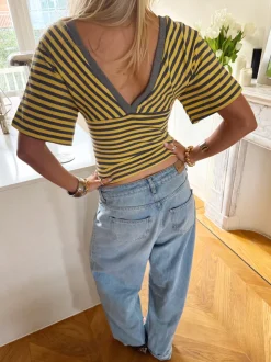 Scandivv bluse med striber - Grå/gul