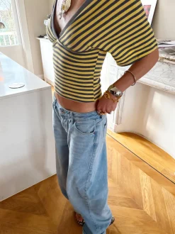 Scandivv bluse med striber - Grå/gul