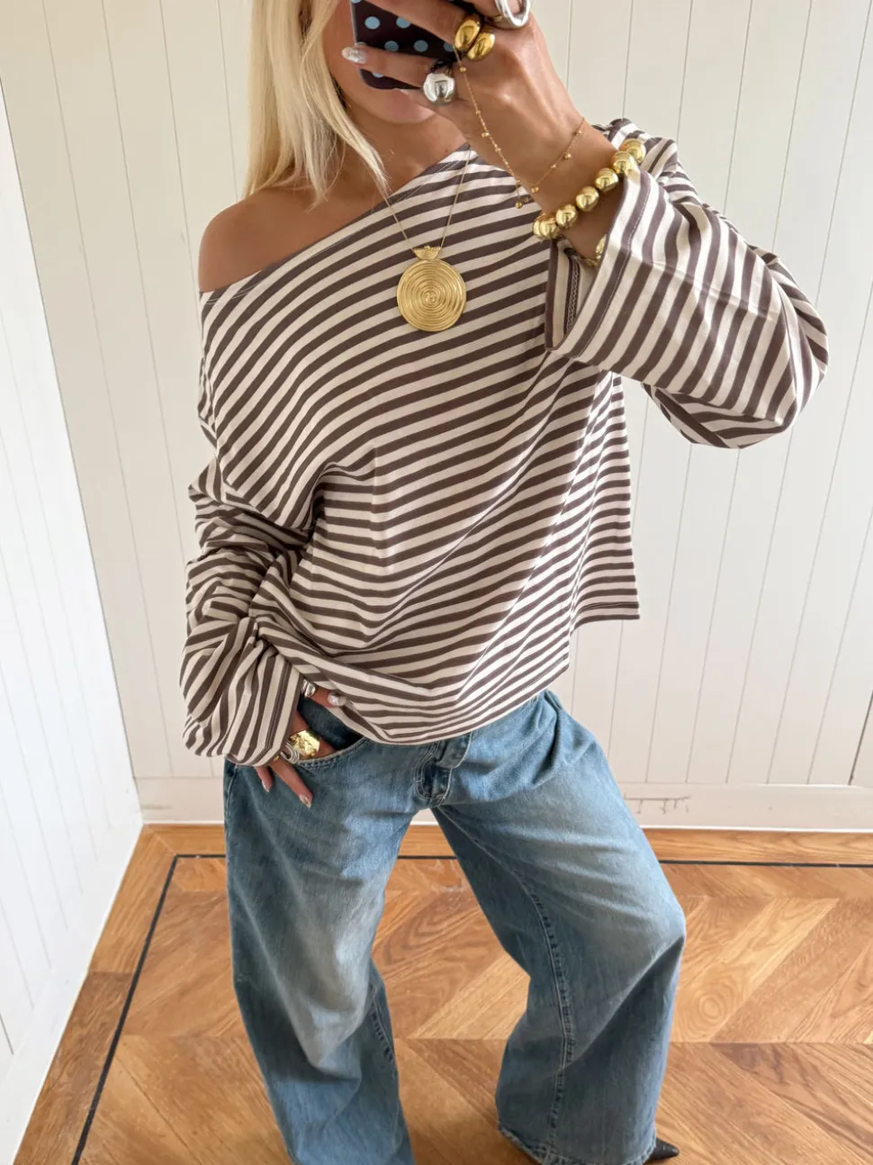 Scandivv bluse med striber - Taupe/hvid