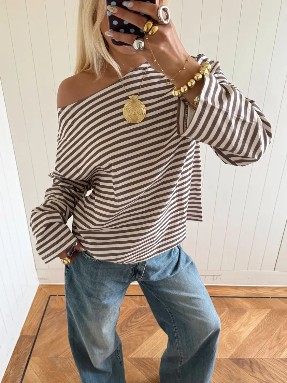 Scandivv bluse med striber - Taupe/hvid