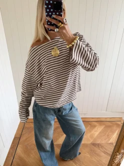 Scandivv bluse med striber - Taupe/hvid