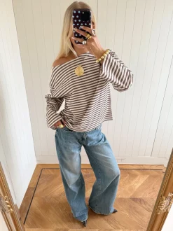 Scandivv bluse med striber - Taupe/hvid