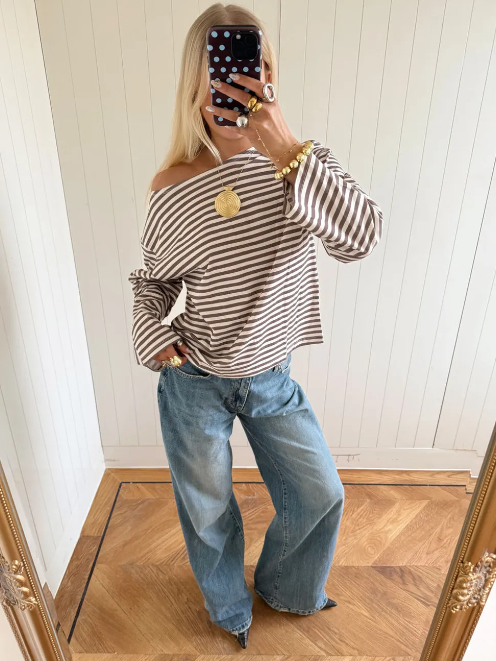 Scandivv bluse med striber - Taupe/hvid