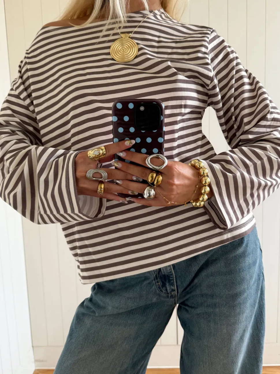 Scandivv bluse med striber - Taupe/hvid