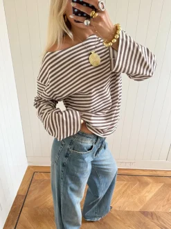 Scandivv bluse med striber - Taupe/hvid