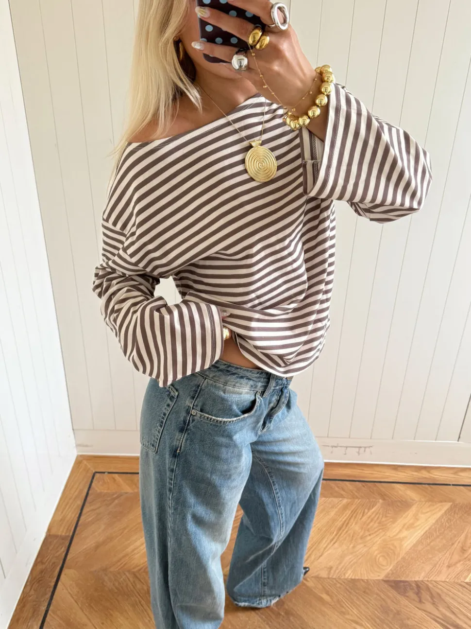 Scandivv bluse med striber - Taupe/hvid