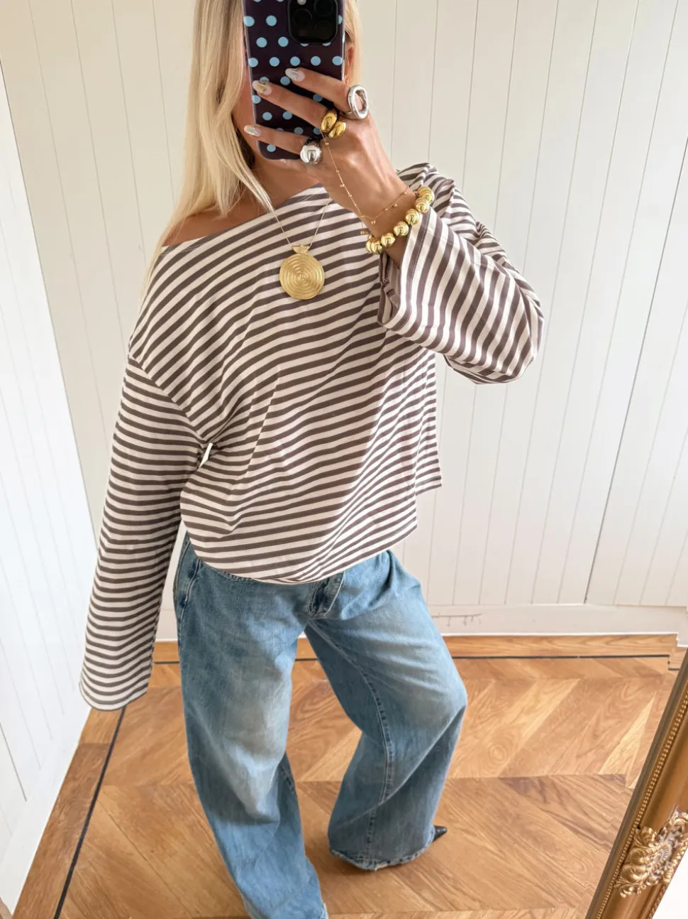 Scandivv bluse med striber - Taupe/hvid