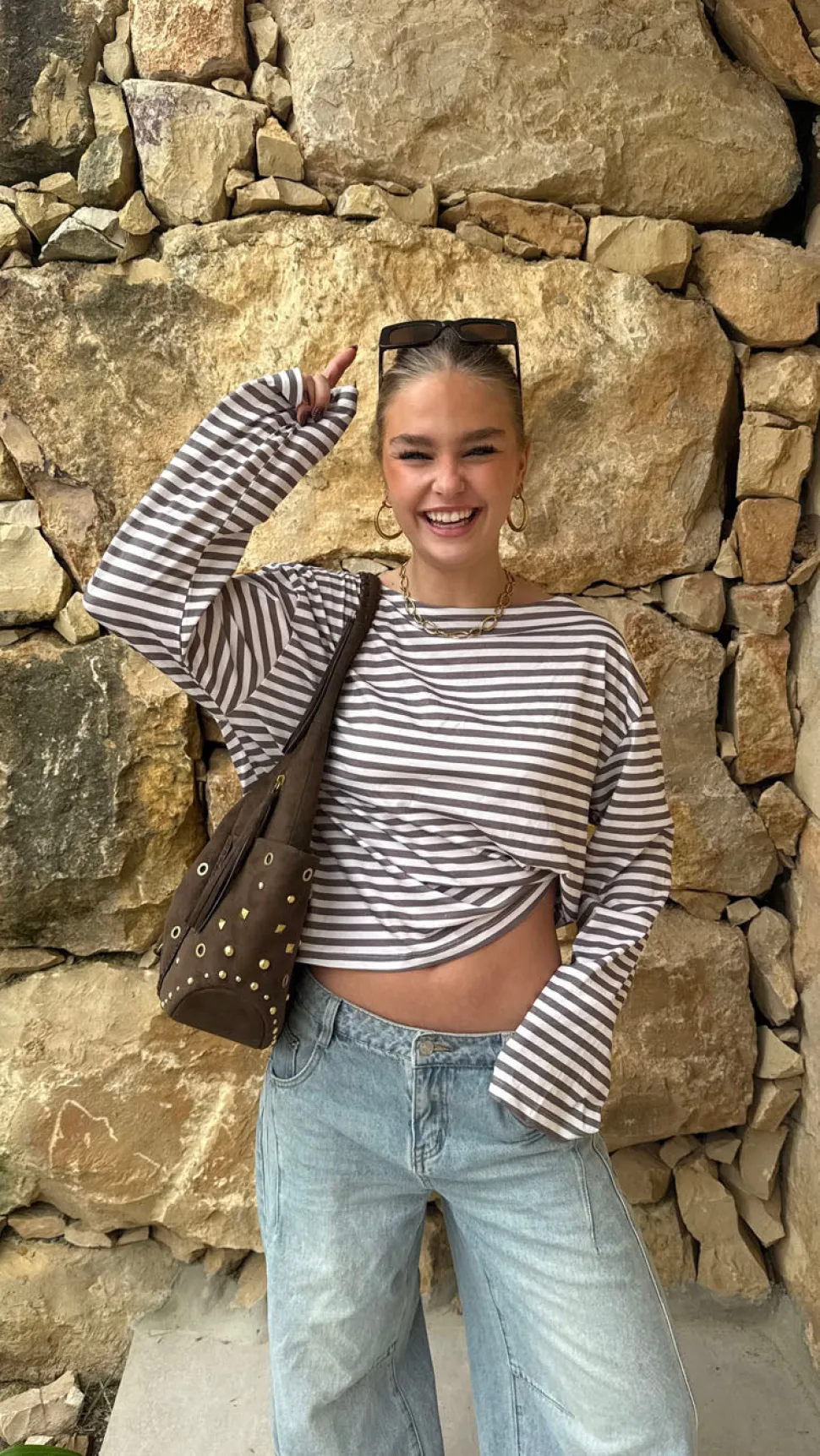 Scandivv bluse med striber - Taupe/hvid