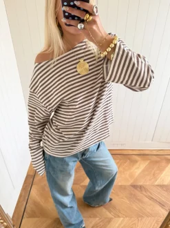 Scandivv bluse med striber - Taupe/hvid