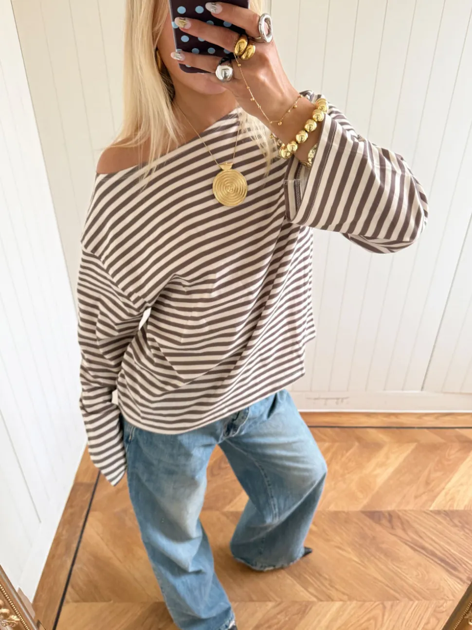 Scandivv bluse med striber - Taupe/hvid