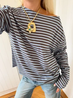 Scandivv bluse med striber - Blå/brun