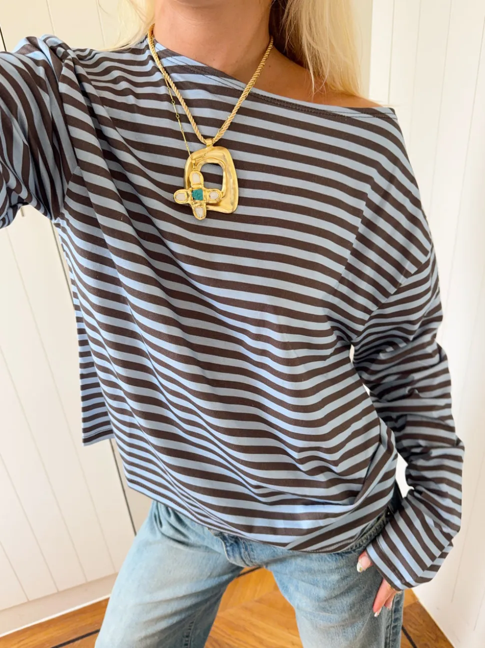 Scandivv bluse med striber - Blå/brun