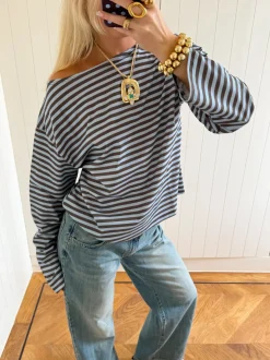 Scandivv bluse med striber - Blå/brun