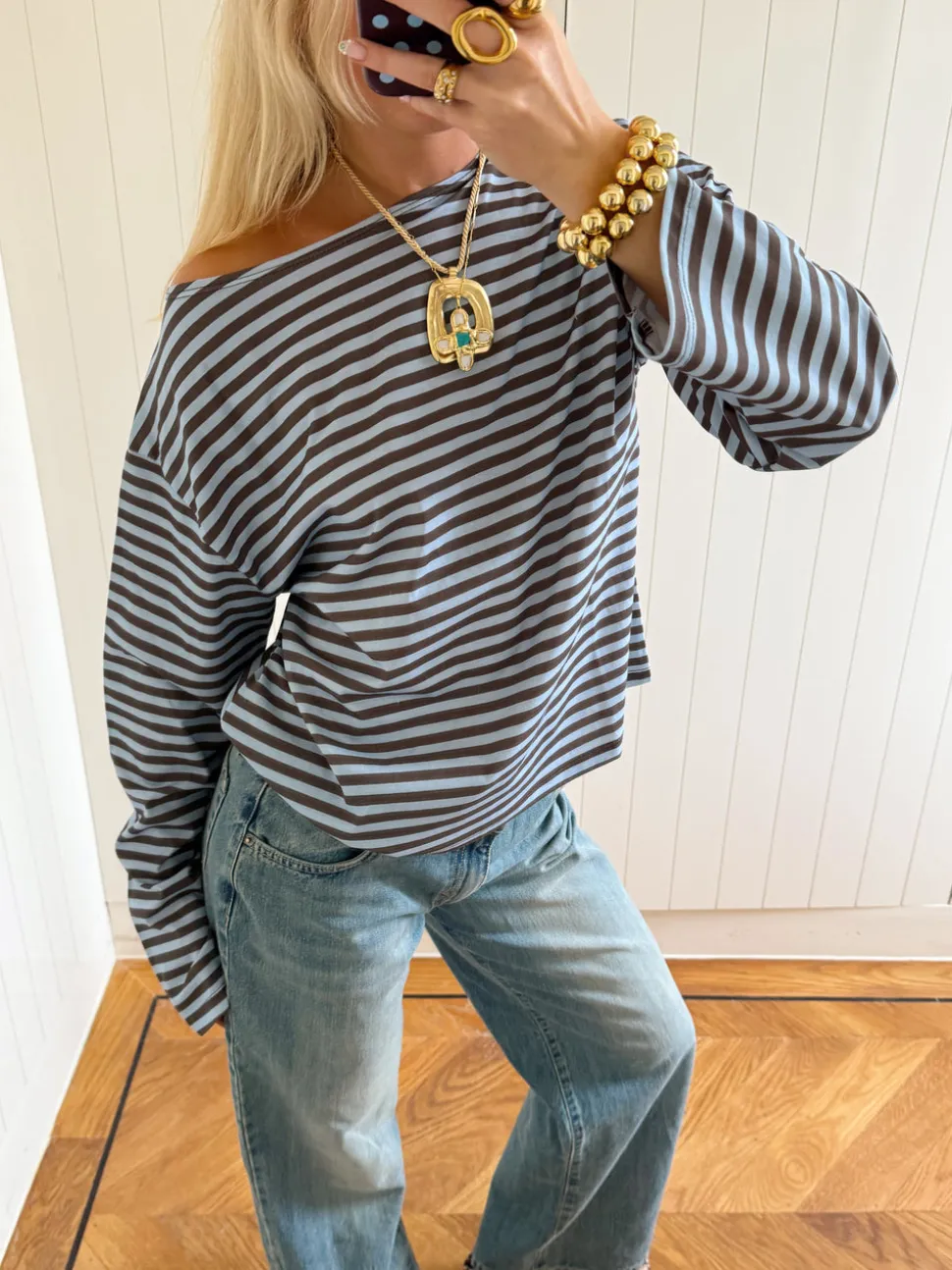 Scandivv bluse med striber - Blå/brun
