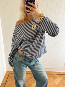 Scandivv bluse med striber - Blå/brun