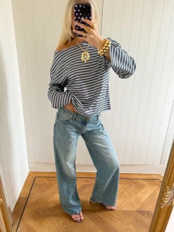 Scandivv bluse med striber - Blå/brun