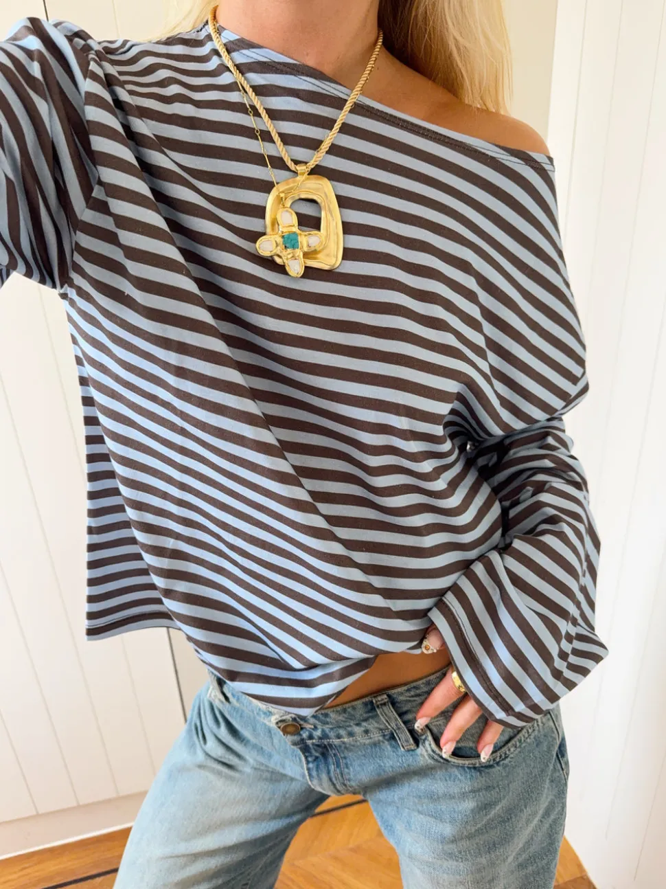 Scandivv bluse med striber - Blå/brun