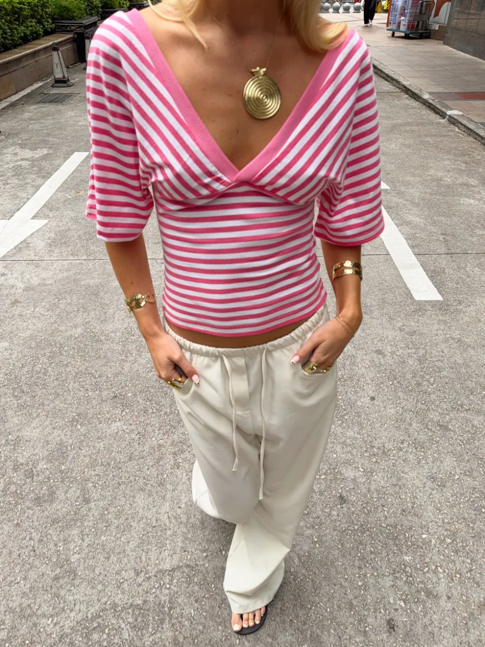 Scandivv bluse med striber - Pink/hvid