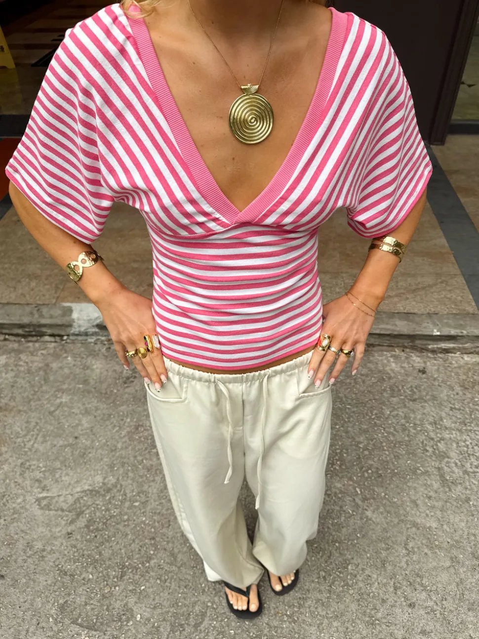 Scandivv bluse med striber - Pink/hvid