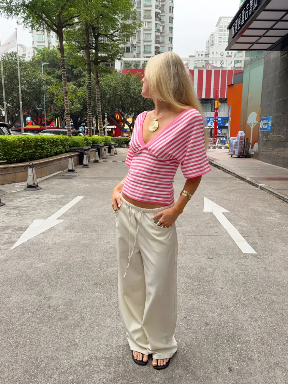 Scandivv bluse med striber - Pink/hvid