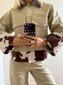 Scandivv denimjakke med koprint - Beige/brun/hvid