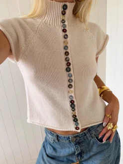 Scandivv kortærmet strik med knapper - Beige/off white