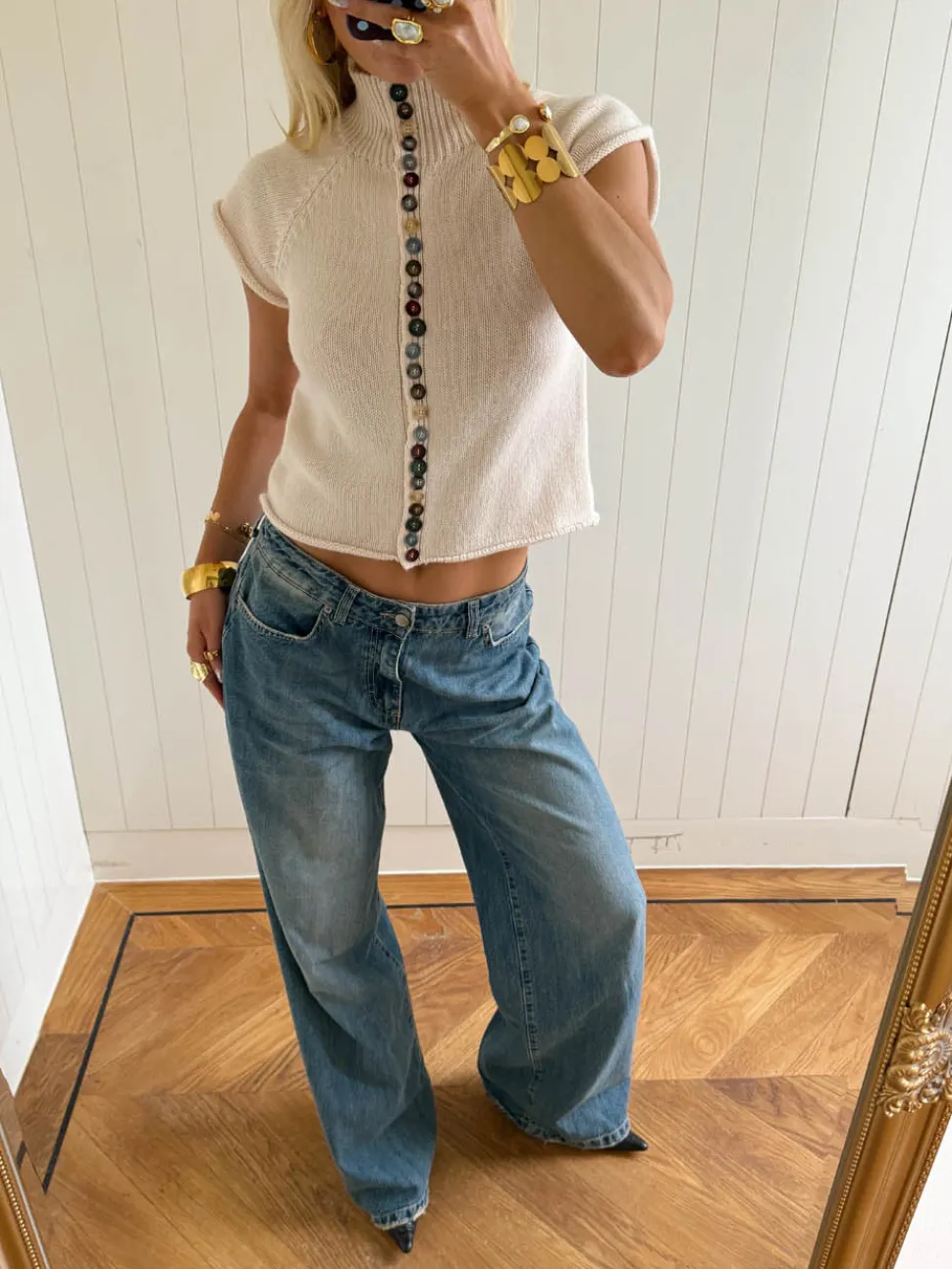 Scandivv kortærmet strik med knapper - Beige/off white
