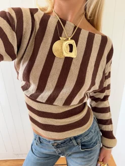 Scandivv tætsiddende bluse med glitter - Brun/guld