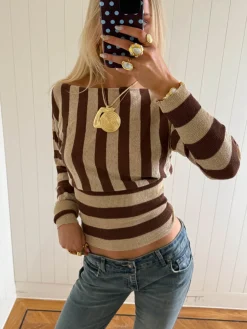 Scandivv tætsiddende bluse med glitter - Brun/guld