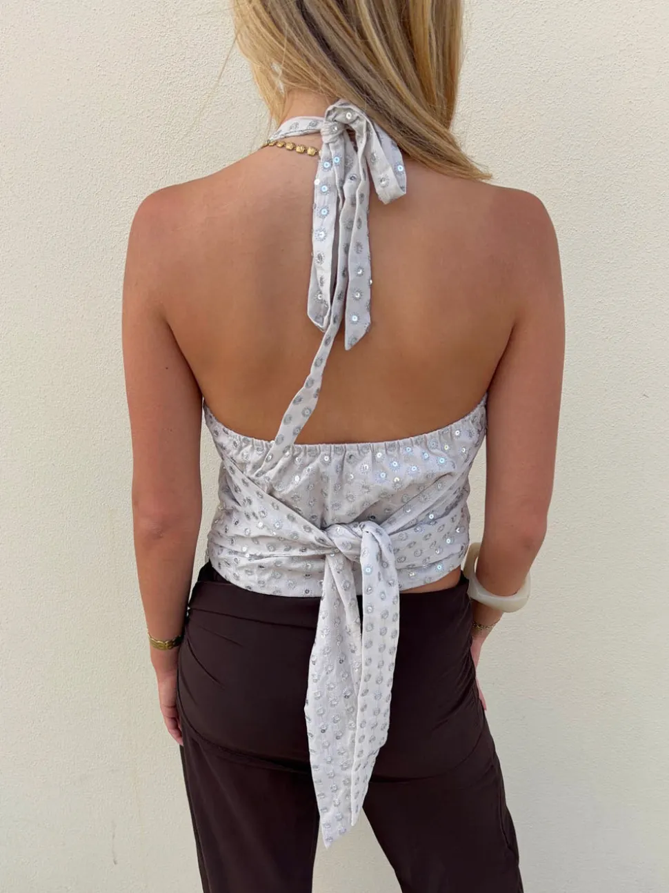 Stiney halterneck top med palietter - Beige