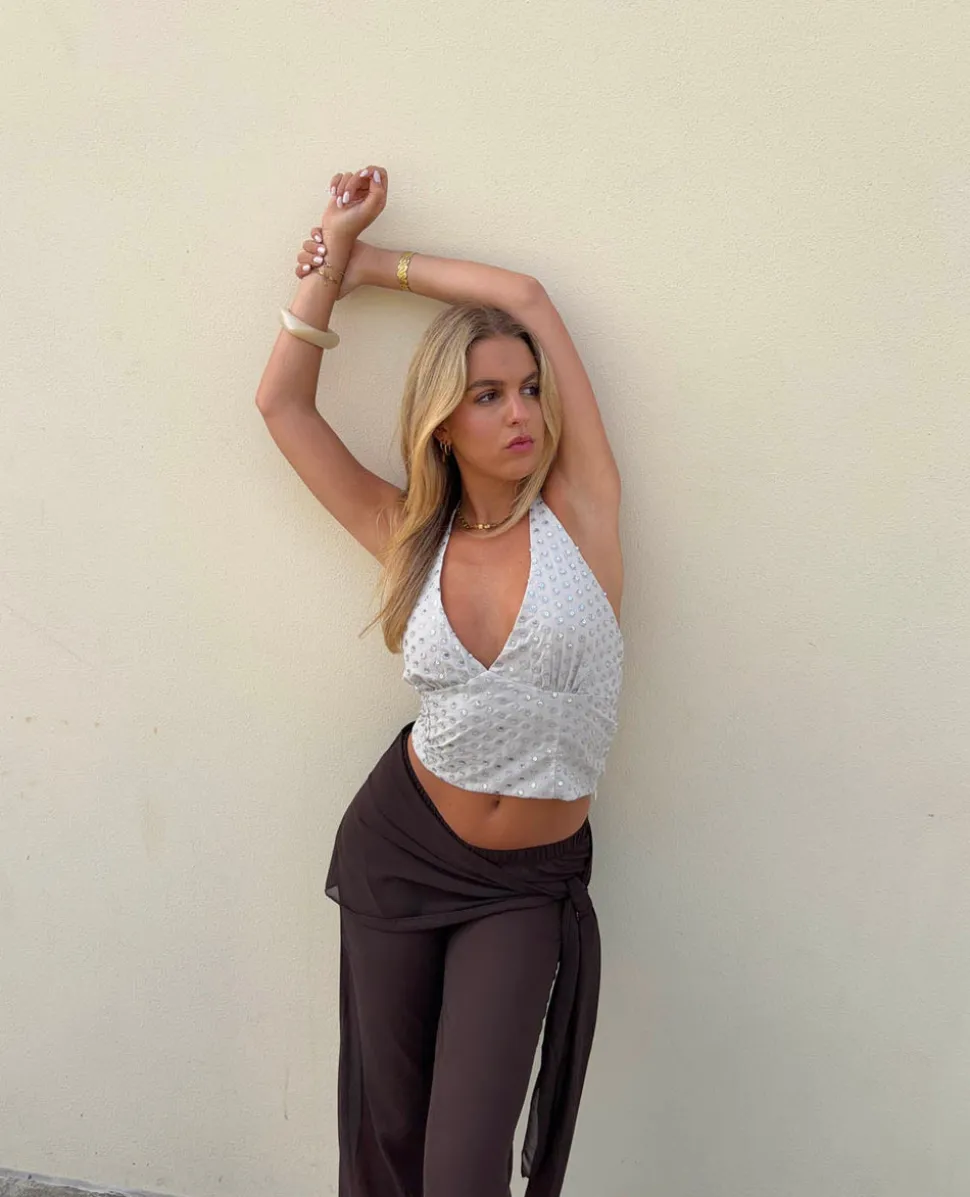 Stiney halterneck top med palietter - Beige