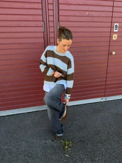 Trish striktrøje med striber - Lyseblå og brun