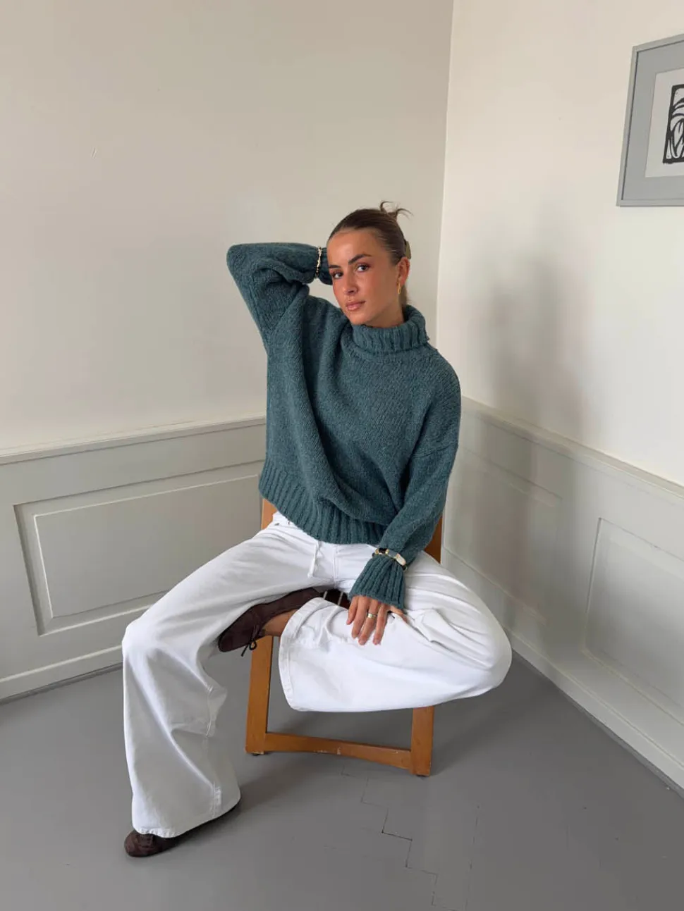 Valdamara oversized striktrøje med turtleneck - Blå