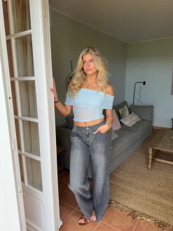 Victoire off shoulder top i mesh - Lyseblå